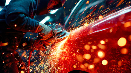 Steelworker welding with sparks flying in an industrial workshop