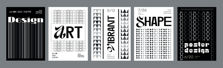Abstract modern monochrome poster template. Banner set layouts with line distorted effect, rippled halftone grid ornaments, simple geometric shapes. Black and white covers design. Vector illustration.