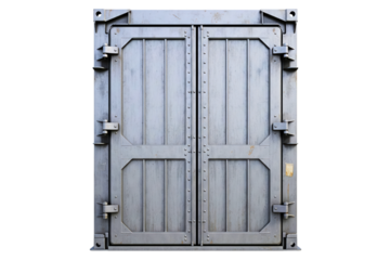Closed metal doors of a weathered gray cargo shipping container isolated on a transparent background