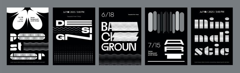 Abstract modern monochrome poster template. Banner set layouts with dynamic composition of rounded figures, line or dots ornaments, bold typescript. Black and white covers design. Vector illustration.