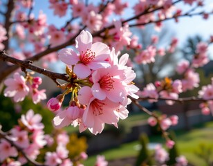 a vibrant spring scene with a tree adorned with blooming pink flowers
