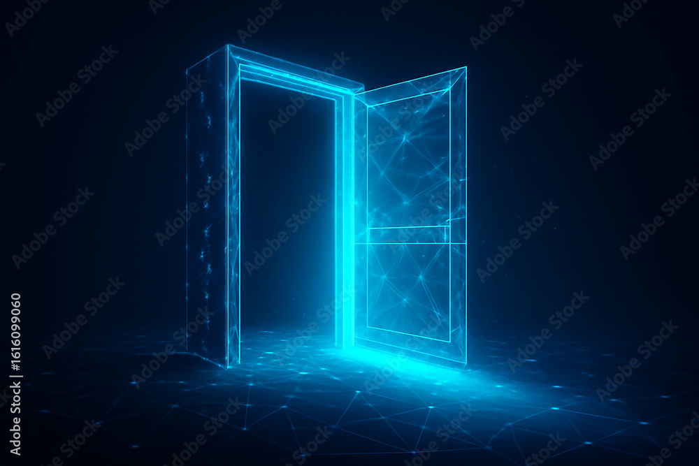 Poster abstract futuristic glowing doorway open to a digital world network connection