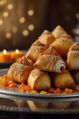 A whimsical and intricate pyramid of miniature pastries, beautifully decorated with drizzles and sprinkles, glowing softly with festive candlelight, perfect for celebrations
