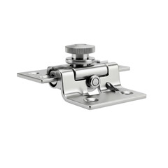 Close up of a shiny metal hinge with adjustment knob