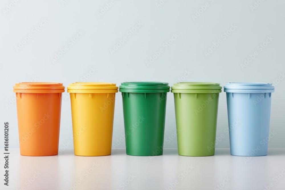 Aufkleber array of colorful recycling bins arranged symmetrically in large white room conveys simplicity and o