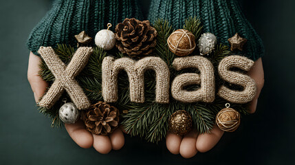 Festive Christmas Decoration with Knitted Letters Spelling Xmas Held in Cozy Hands Surrounded by Pine Branches Ornaments