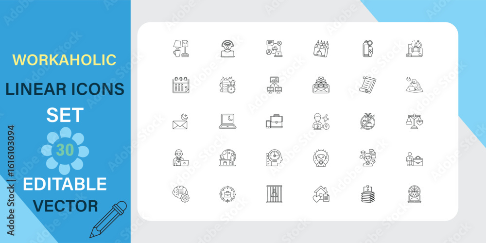 Aufkleber workaholic linear icons editable vector set of 30 business graphics
