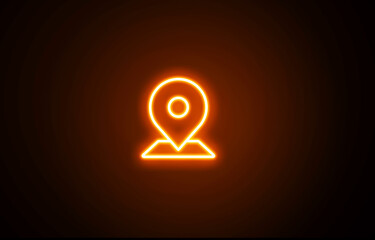 Neon orange color GPS and location pin icon on black background. Neon Location and Map Pin Icon. Map Pinpoint Icon. GPS background. Location black background.