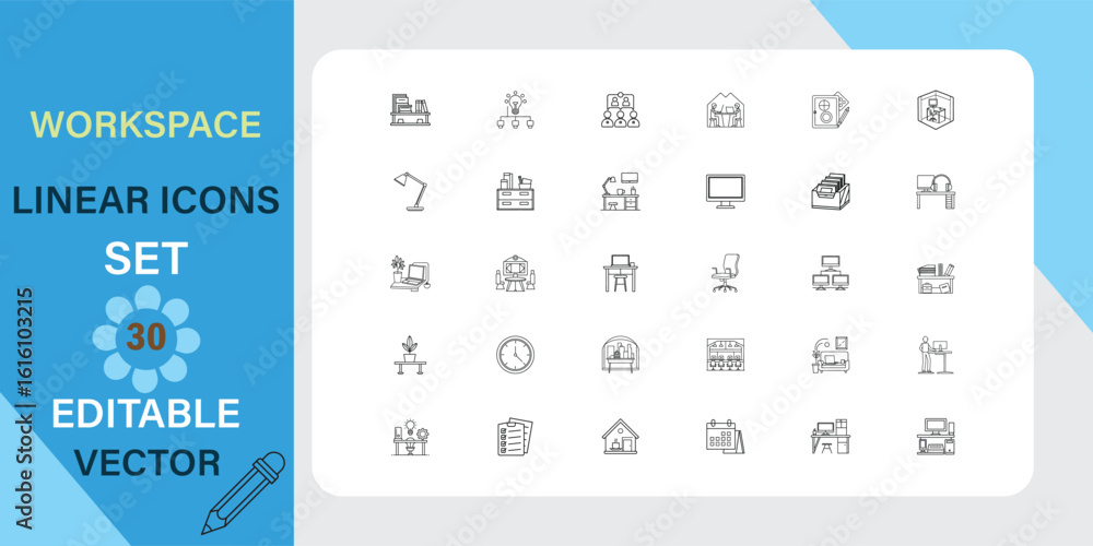 Poster workspace linear icons set featuring 30 editable vector graphics for modern business environments