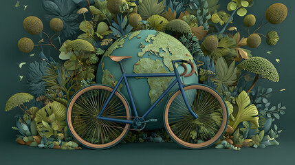Eco-friendly urban bicycle leaning against lush foliage and green globe symbolizing sustainable travel