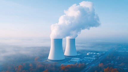 drone shot of nuclear power plant cooling towers with rising steam wide layout and space above