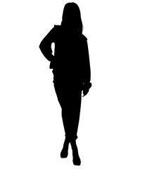 A black silhouette of a young business woman standing in a suit is a vector illustration