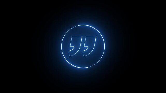 Neon Quotation mark up icon animation on a black background. Concept of callout text template .