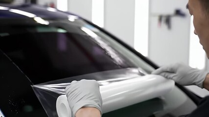 Car Window Tinting Process Applying Film by Technician in Automotive Service Center