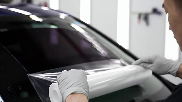 Car Window Tinting Process Applying Film by Technician in Automotive Service Center