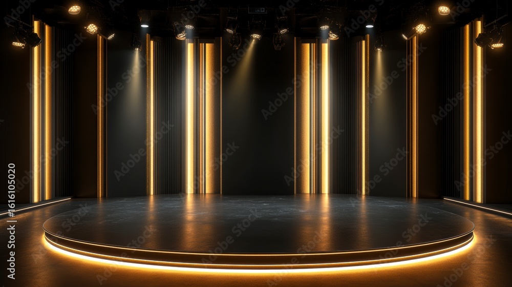 Canvas Prints dark stage with round platform and golden lights.