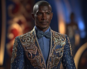 Man in a richly decorated blue suit.