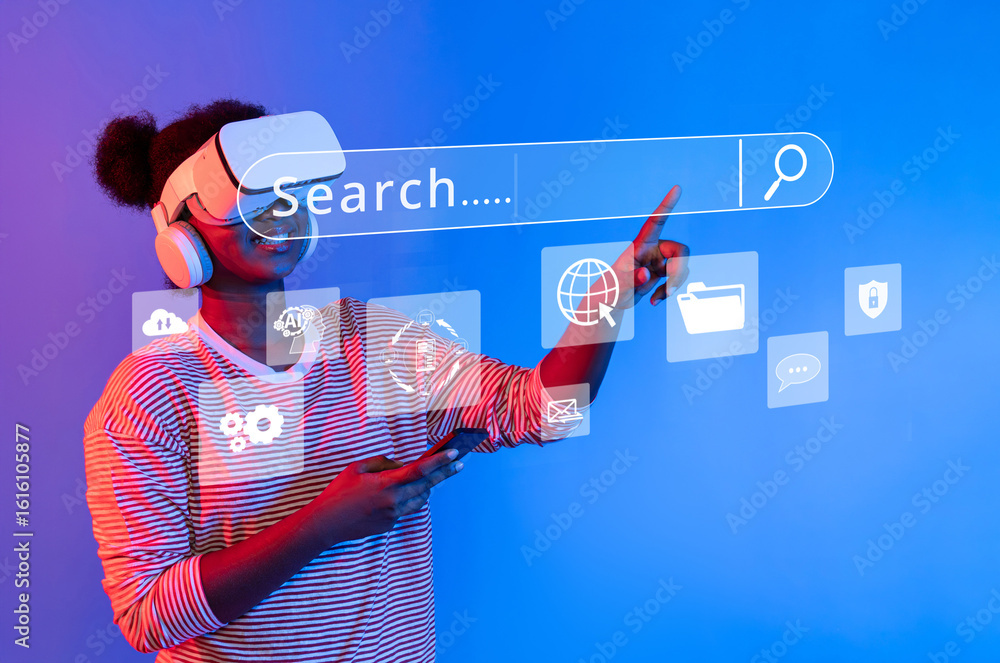 Poster a young person wearing a virtual reality headset interacts with a search interface, showcasing the b
