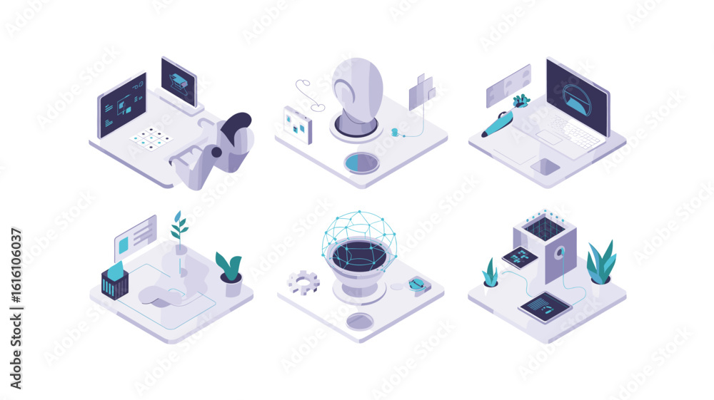 Poster isometric illustration of digital transformation and technology concepts, including ai, robotics, cl