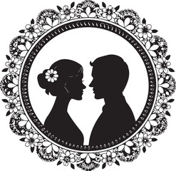 Elegant silhouette of a bride and groom in a floral wreath wedding announcement design