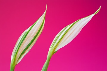 Two leaves with white and green stripes against a hot pink background.