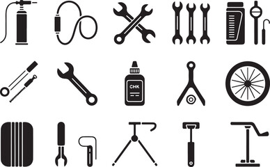 Set of black icons depicting various tools used for bicycle maintenance and repair