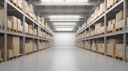 sleek warehouse interior featuring orderly rows of shelves with stacked boxes and expansive copy space