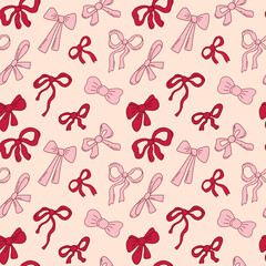 Pattern pink and red girly bows with ribbons in a coquette aesthetic. Festive background for Valentine's Day. Vector wallpaper in doodle style for decoration. Trendy idea for packaging and scrapbooks.