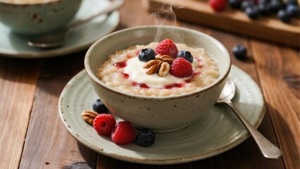 Steaming Bowl of Oatmeal Topped with Berries and Nuts