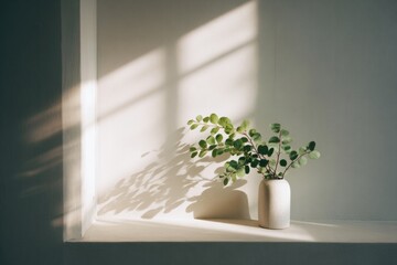 softly lit room features single leafy plant perched elegantly on minimalist shelf casting gentle shadows against neutral