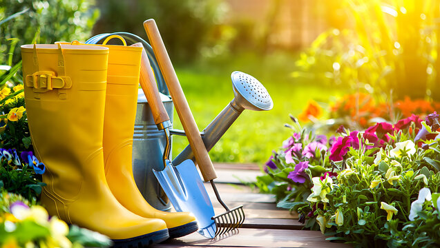 Gardening tools and yellow boots in a vibrant garden scene with blooming flowers and sunshine