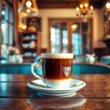 Vintage cafe experience Closeup of white cup of coffee on vintage wooden table on blur restaurant background dreamlike imagery subconscious exploration bending reality imaginative narratives jux