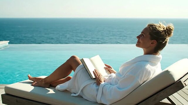 Woman in a white robe reads by an infinity pool overlooking the ocean