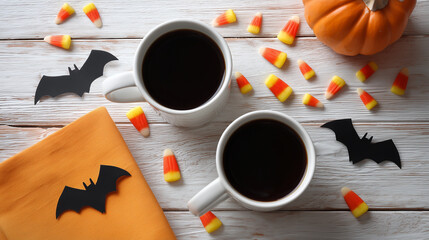 Flat lay of halloween-themed coffee setup with two mugs and tiny pumpkin on wooden table with candy corn and bat decorations. 
