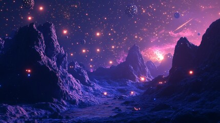 Fototapeta premium A surreal cosmic landscape with glowing asteroids 