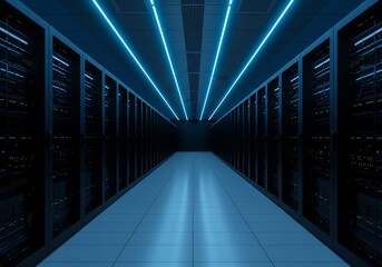 Fototapeta premium Photo of a modern server room with blue neon lights illuminates the data center