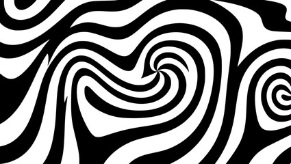 Swirling black and white pattern creates optical illusion with dynamic, wavy lines, forming a hypnotic and abstract, high-contrast visual experience