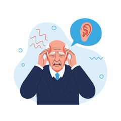 Elderly man experiencing hearing loss and auditory discomfort with headache symptoms