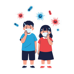 Children feeling unwell surrounded by germs and viruses wearing protective masks