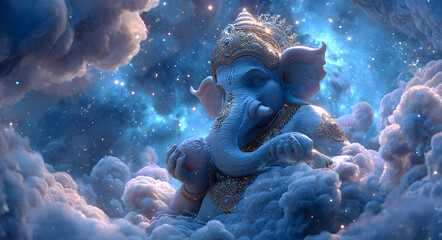 Lord ganesha with a celestial aura amidst clouds and stars