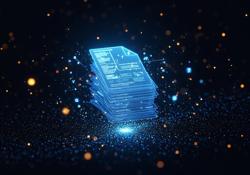 Photo of a stack of glowing digital documents represents data and information flow