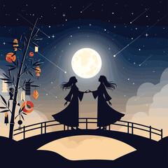 Two women holding hands on a bridge under a full moon and starry night sky with decorative lanterns on a tree