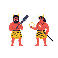 Two ferocious oni demons armed with weapons ready for battle