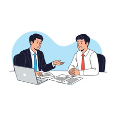 Two businessmen discussing project progress and strategy planning during a collaborative meeting