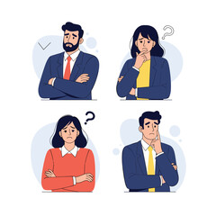 Four business people expressing confusion and uncertainty in a professional setting
