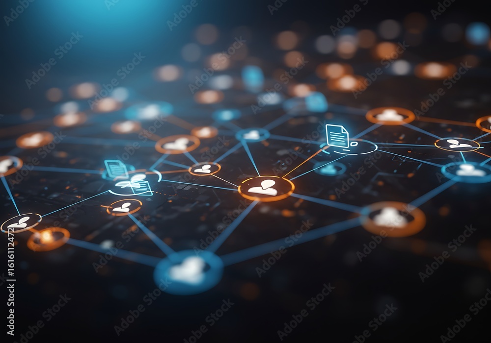 Poster photo of a complex network of interconnected nodes glows with digital connectivity