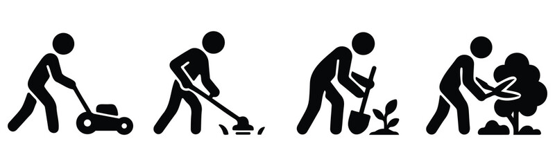  Stickman silhouettes showing various gardening activities like planting, watering, and lawn mowing in a minimal icon style