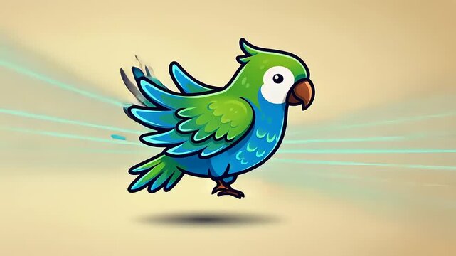 Colorful cartoon parrot in mid-flight with a soft gradient background and dynamic motion lines