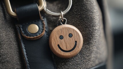 Naklejka premium Close-up of a backpack with a smiley face wooden keychain and black leather detail, selectively focused