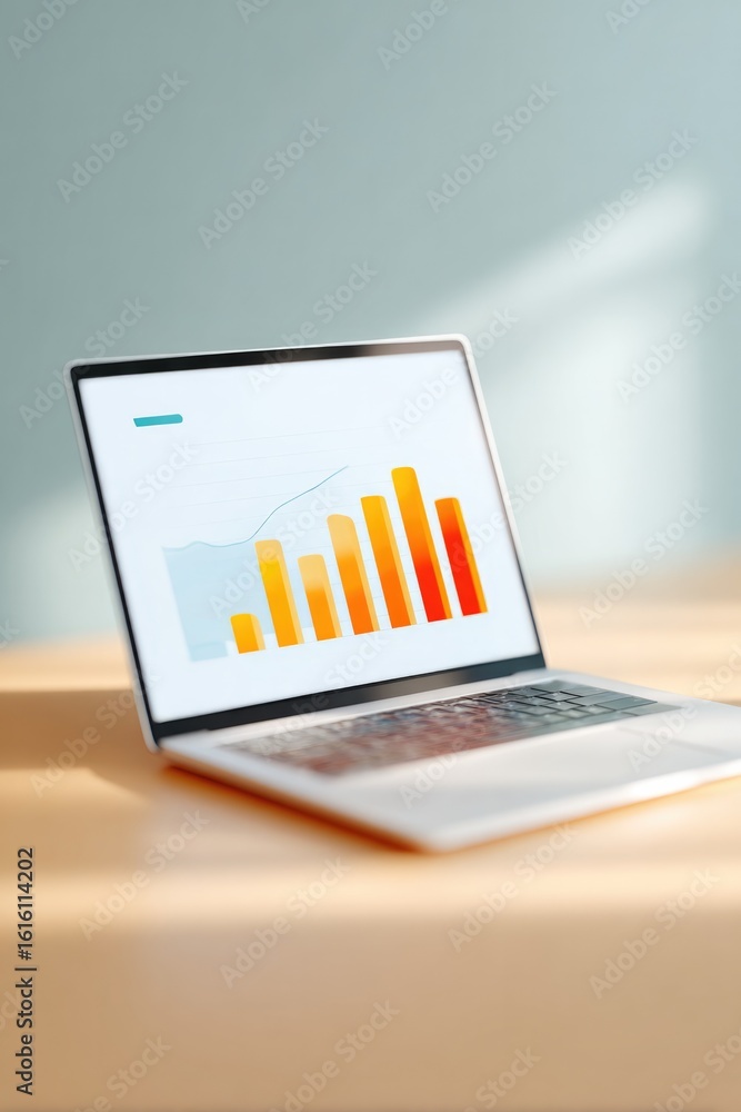 Aufkleber monochromatic setup showcasing simple desk with laptop displaying financial charts and graphs
